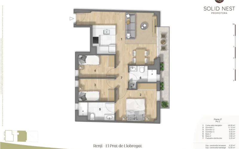 Promoción de obra nueva en la Avda. Josep Anselm clavé. Excelente orientación y grandes calidades. Este segundo se compone de una superficie construida de 72,1m² se distribuye en 3 habitaciones (una en Suitte de 11,2m² con salida a balcón y baño de 4,9m²),cocina abierta a salón comedor con una superficie d 26,0m² con salida a balcón, 2 baños (Uno en Suitte) y 1 balcón de una superficie construida de 6.2m². Disponen de sistema de Aerotermia (A/A con bomba de calor por conductos) y agua caliente, que supone un ahorro energético del 75%. Esta vivienda está perfectamente aisladas térmica y acústicamente gracias a una carpintería exterior con ventanas oscilobatientes de aluminio lacado con rotura de puente térmico y doble acristalamiento con cámara de aire. Persianas enrollables motorizadas de aluminio lacado en todas las estancias, exceptuando en zonas bajo cubierta. Equipada con suelo con lamas de parqué laminado AC5, con rodapié blanco a juego con las puertas. Carpintería interior de puertas macizas lacadas de color blanco, armario empotrado en habitación principal. Todo ello con posibilidad de elección en tres tonos o colores a proposición de la promotora. Cocinas amuebladas con armarios altos y bajos, con encimera y frontal entre muebles de QUART o similar. Placa vitroceramica de inducción, horno y microondas. Baños de 3 piezas con plato de ducha extraplano de resina antideslizante. Grifería de ducha en mural termostática. Lavamanos con mueble de 2 cajones, acabado en blanco. Fachada de obra vista cerámica. Finca con ascensor. Muy buena conectividad a todos los servicios de transporte público (metro L9 El Prat Estació) RENFE C3, Paradas de autobús L22 – L78 – N19 – PR1 y PR2. Y rodeado de múltiples espacios públicos. Fecha prevista de entrega, (marzo) del 2025.   Infórmese en nuestra oficina Prat finques, Calle Pau Casals, 47 local.