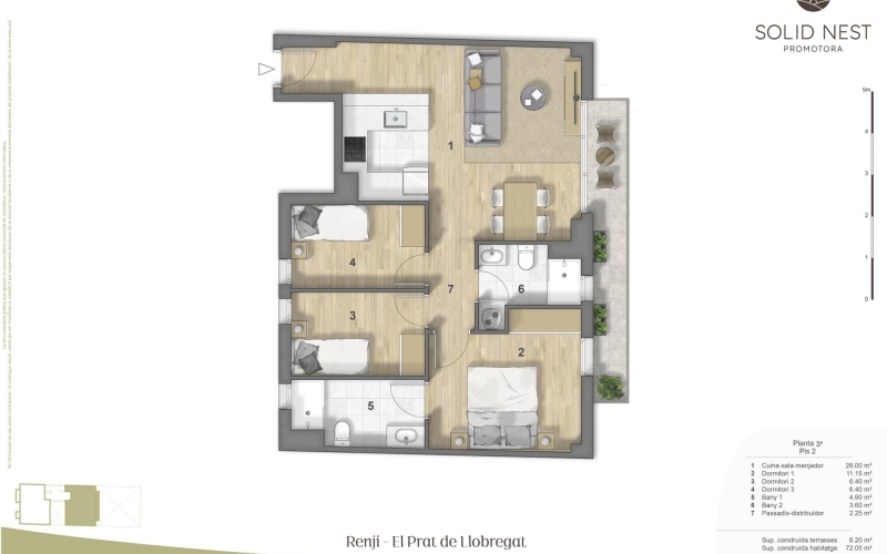 Promoción de obra nueva en la Avda. Josep Anselm clavé. Excelente orientación y grandes calidades. Este tercer piso, se compone de una superficie construida de 72,1m² se distribuye en 3 habitaciones (una en Suitte de 11,2m² con salida a balcón y baño de 4,9m²),cocina abierta a salón comedor con una superficie d 26,0m² con salida a balcón, 2 baños (Uno en Suitte) y 1 balcón de una superficie construida de 6.2m². Disponen de sistema de Aerotermia (A/A con bomba de calor por conductos) y agua caliente, que supone un ahorro energético del 75%. Esta vivienda está perfectamente aisladas térmica y acústicamente gracias a una carpintería exterior con ventanas oscilobatientes de aluminio lacado con rotura de puente térmico y doble acristalamiento con cámara de aire. Persianas enrollables motorizadas de aluminio lacado en todas las estancias, exceptuando en zonas bajo cubierta. Equipada con suelo con lamas de parqué laminado AC5, con rodapié blanco a juego con las puertas. Carpintería interior de puertas macizas lacadas de color blanco, armario empotrado en habitación principal. Todo ello con posibilidad de elección en tres tonos o colores a proposición de la promotora. Cocinas amuebladas con armarios altos y bajos, con encimera y frontal entre muebles de QUART o similar. Placa vitroceramica de inducción, horno y microondas. Baños de 3 piezas con plato de ducha extraplano de resina antideslizante. Grifería de ducha en mural termostática. Lavamanos con mueble de 2 cajones, acabado en blanco. Fachada de obra vista cerámica. Finca con ascensor. Muy buena conectividad a todos los servicios de transporte público (metro L9 El Prat Estació) RENFE C3, Paradas de autobús L22 – L78 – N19 – PR1 y PR2. Y rodeado de múltiples espacios públicos. Fecha prevista de entrega, (marzo) del 2025.   Infórmese en nuestra oficina Prat finques, Calle Pau Casals, 47 local.